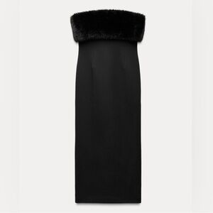 NEW WITH TAGS ZARA BLACK FAUX FUR TRIM STRAPLESS CONTRASTING MAXI DRESS